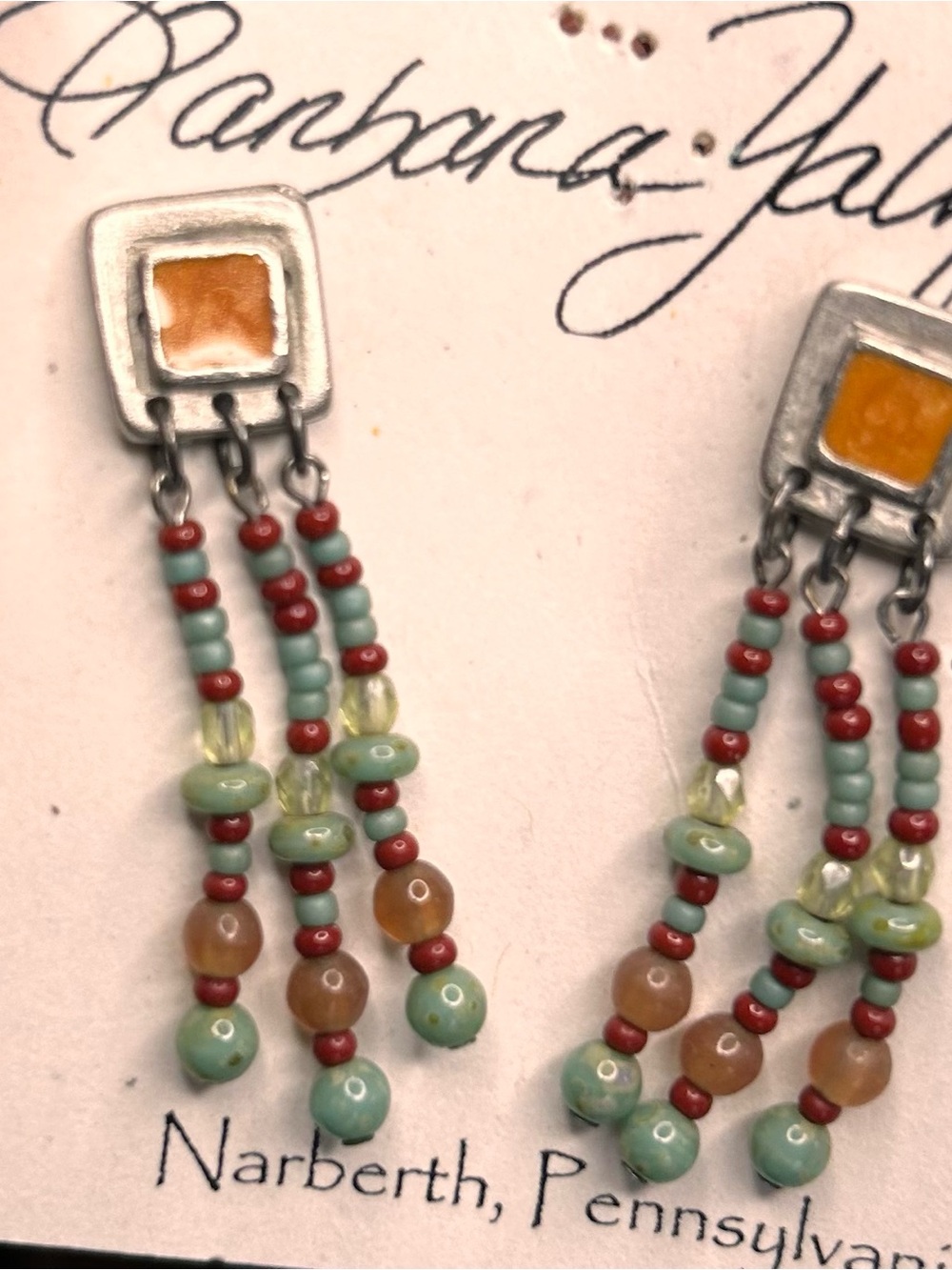 Silver w/jade and coral Beaded Dangle Earrings